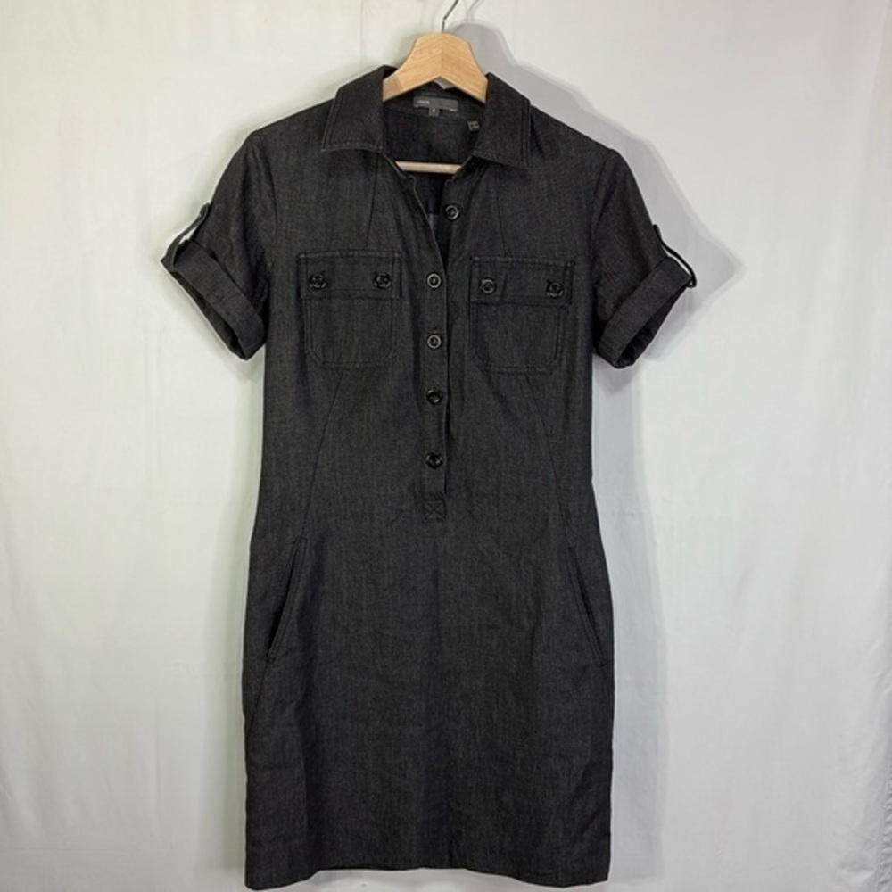 📣 Vince black denim roll tab short sleeve shirt dress